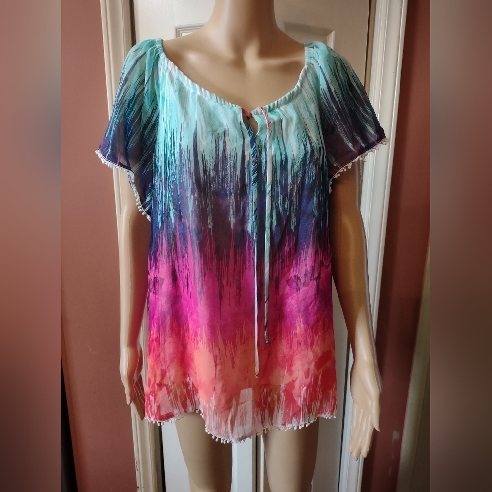 New Directions Multicolor Abstract Print Boho Peasant Blouse Medium